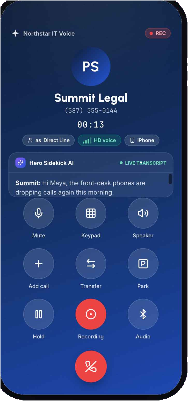 A reseller-branded Hero Voice mobile app showing the partner's own logo and app name on the call screen