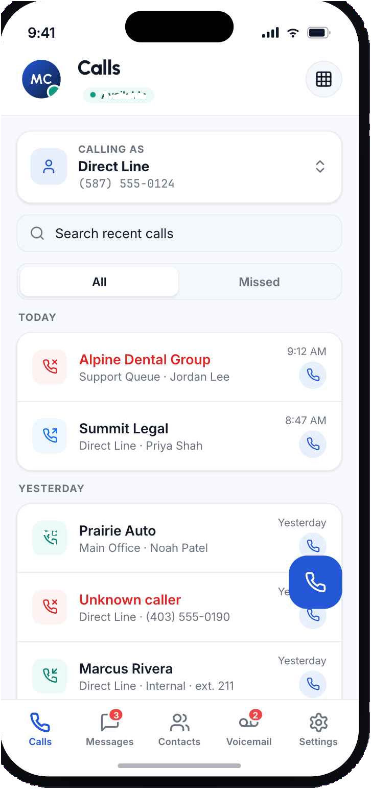 Hero Voice mobile app — calls screen