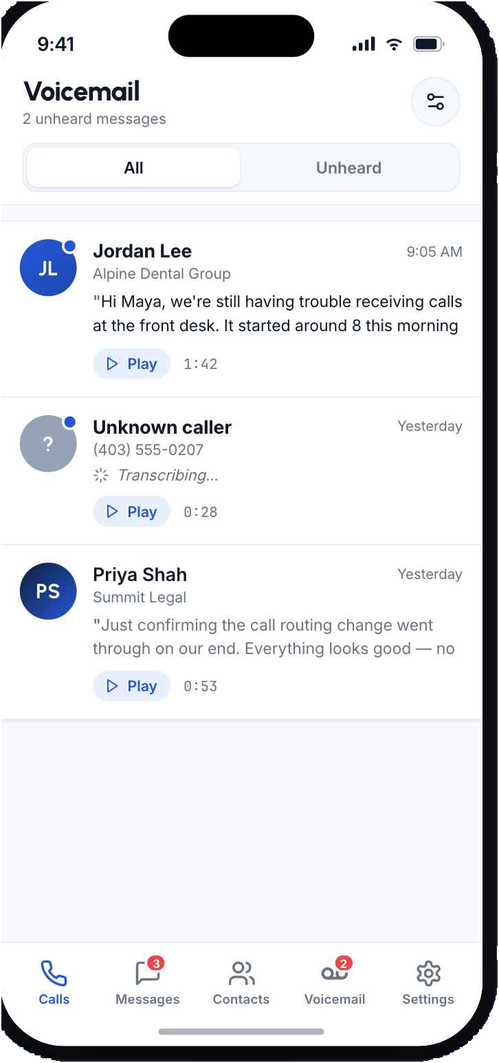 Hero Voice mobile app — voicemail screen