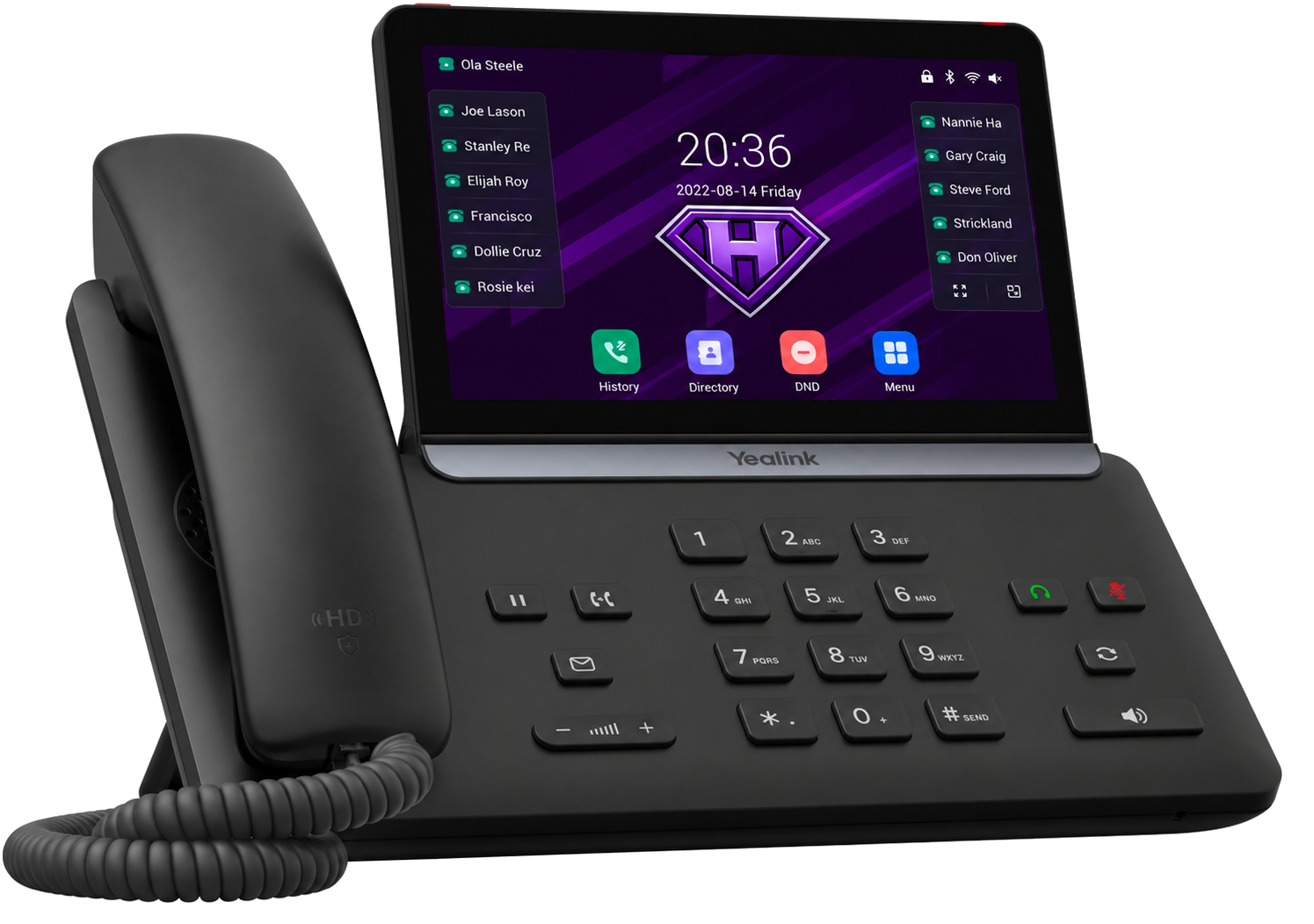 Yealink desk phone running Hero Voice, showing contacts and the Hero IT shield on screen
